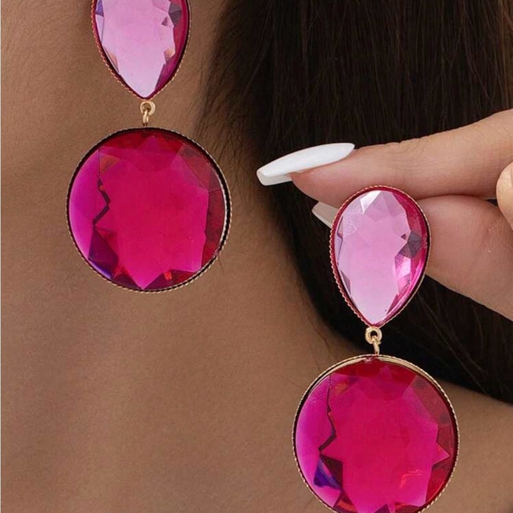 New Pink and Gold Geometric Circular Crystal Drop Earrings